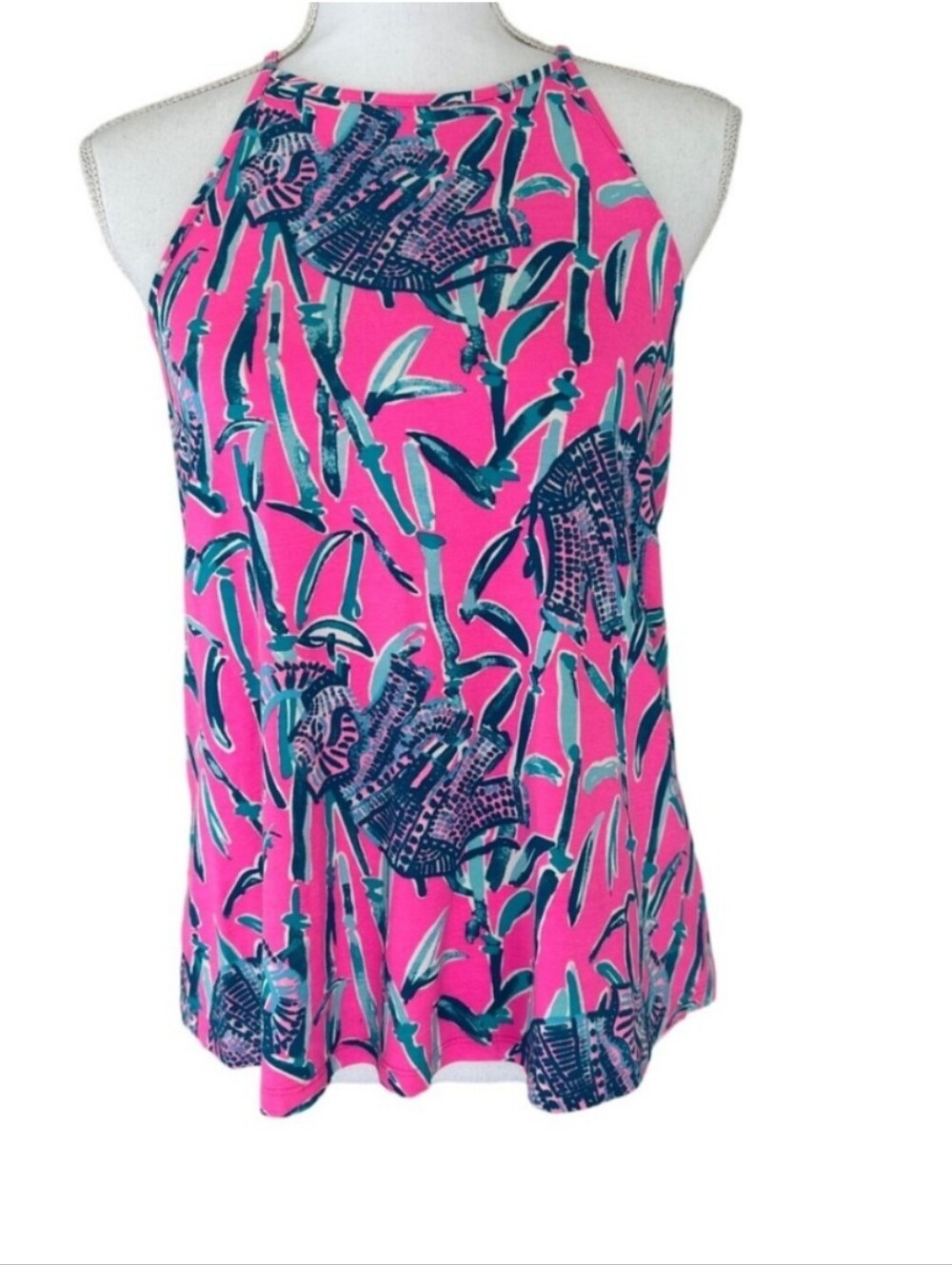 Lilly Pulitzer Hot Pink Tropical Halter Tank with Teal & Navy Print NWOT